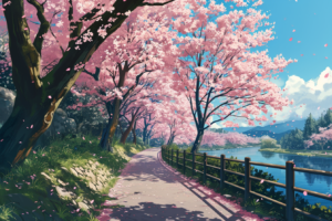 満開の桜並木が続く小道のイラスト。春の柔らかな光の中、桜の花びらが空から舞い落ち、穏やかな川のほとりを飾っている。
