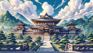 壮大な伝統的な日本建築の寺院が、青々とした山々に囲まれた風景のイラスト。寺院の屋根は複雑な装飾が施されており、庭園の美しく整備された松がその美しさを際立たせている。