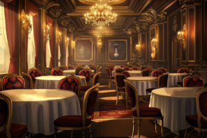 豪華なレストランの内装が描かれたイラスト。暖色系の照明が空間に温もりを与えており、赤と金色のアクセントが特徴的な椅子が整然と配置されている。大きな窓からは柔らかい光が差し込み、壁にはクラシックな絵画が飾られている。