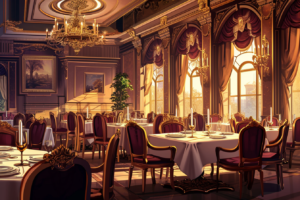 陽光が差し込む高級レストランのイラスト。大きな窓越しに見える景色と、部屋の中央にある大きなシャンデリアが目を引く。壁には風景画が飾られ、ゴールドとバーガンディの豪華な内装がエレガントな雰囲気を演出している。