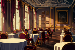 陽光が差し込む窓際の高級レストランのイラスト。重厚な赤のカーテンが特徴的で、ゴールドの装飾が施された暗めの壁には、明るい窓と対照的に暗いトーンの絵画が掛けられている。丸いテーブルには白いテーブルクロスがかけられ、赤とゴールドの椅子が並んでいる。