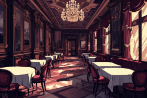 陰影が印象的な豪華なレストランのイラスト。床にはチェック柄のタイルが敷かれ、大きな窓には赤いカーテンが垂れ込めている。天井の高い部屋には複数のシャンデリアがあり、その輝きが部屋全体に広がっている。