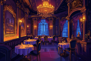 夜の照明が神秘的な雰囲気を演出する高級レストランのイラスト。部屋全体が青と紫の照明で照らされており、壁の金の装飾や大きなシャンデリアが豪華な印象を与えている。窓の外には夜景が広がっている。