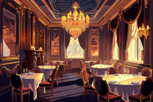 明るい日差しが入る豪華なレストランのイラスト。壁には金の装飾が施され、大きなシャンデリアが中央に吊り下げられている。窓からは青空が見え、部屋は暖かみのある色合いで統一されている。