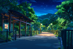 星空輝く夜の動物園。街灯が道を照らし、木々の間からは星々がきらめいている。右手には情報を伝える案内板があり、遊歩道は静けさに包まれている。