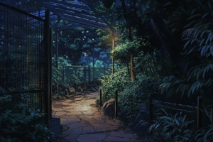 夜の動物園の薄暗い通路。天蓋のある入り口からは柔らかな光が差し込み、植物に囲まれた道は静寂に満ちている。夜の冷たい空気と静けさが、訪れる人々に特別な体験を提供している。