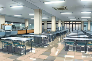 明るい日中の学校の食堂を描いたイラスト。白い壁と灰色の柱があり、天井には蛍光灯が均等に配置されている。食堂には空の食器が置かれた青い椅子と灰色のテーブルが整然と並んでいる。窓から自然光が差し込んでいる。