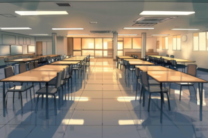 夕暮れ時の学校の食堂のイラスト。オレンジ色の夕日が大きな窓から差し込み、温かみのある光が空間に広がっている。天井の照明は消えており、テーブルと椅子が長い影を落としている。