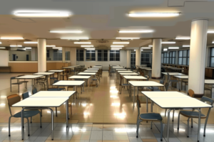 夜の学校の食堂を描いたイラスト。天井の蛍光灯が明るく照らし出し、食堂は黄色っぽい光で満たされている。テーブルと椅子が整然と配置され、窓の外は暗く見える。