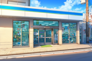 明るい日中に撮影された青と緑の看板を掲げたコンビニの外観。清潔感のあるガラス張りの入口と、色とりどりの商品が並ぶショーウィンドウが特徴。