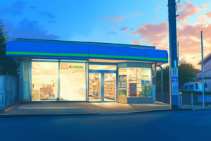 夕焼けの空に映える青と緑の看板を持つコンビニの外観。穏やかな街角に位置し、店内の明かりが周囲を照らしている。