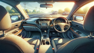 日差しが差し込む明るい日中の車内のイラスト。前席にはグレーのファブリックシートがあり、黒と木目調のトリムが施されたインテリアが特徴。窓の外には青空と緑豊かな風景が広がっている。