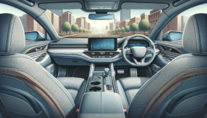 都市の大通りを走行中の車内からの視点を捉えたイラストで、青と灰色のトーンでモダンなデザインのダッシュボードが特徴。中央にはナビゲーションスクリーンがあり、快適そうなグレーのシートが配置されている。