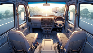 日没時の高速道路を走るトラックの運転席からの眺めを描いたイラスト。インテリアはグレーで統一され、機能的なデザインのダッシュボードと中央にギアシフトが見える。窓の外にはオレンジ色に染まる空と対向車線の車両がある。