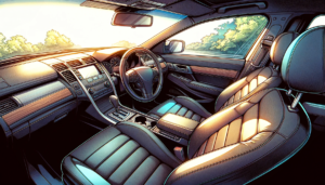 日没時に木々がちりばめられた道を走る高級車の運転席からの眺めを描いたイラスト。内装は高級感あふれる黒革のシートと木目調のパネルで装飾されている。