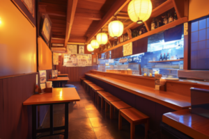 和紙のランプが優しい光を放つ居酒屋のカウンター。壁には日本酒の広告やメニューが掲示され、木の温もりが感じられるアットホームな雰囲気が漂う。