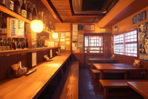 木製のカウンターにランプが灯る、温かみのある居酒屋。壁にはお酒のメニューと日本酒のポスターが掲げられ、伝統的な日本の雰囲気を醸し出している。