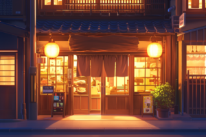 夕暮れ時に照らされた日本の伝統的な居酒屋の外観。木造の建物で、入り口には暖簾（のれん）が掛けられ、暖かい光を放つ提灯がぶら下がっている。ショーウィンドウには飲食物のディスプレイが見え、入り口横にはメニュー看板が置かれている。