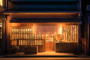 夜の街並みに溶け込む日本の居酒屋の外観。店は木の格子と暖簾で覆われており、内部からは温かな光が漏れ出ている。店の前には植物が置かれ、伝統的な雰囲気を醸し出している。