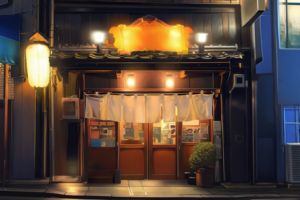 夜の照明の下で温かみのある光を放つ日本の居酒屋の外観。黒い木製の外壁にオレンジ色の看板が目立ち、入り口は白い暖簾で覆われている。店の横には大きな提灯があり、入り口の両側にはメニューのショーケースが設置されている。