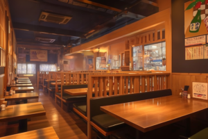 木製のテーブルとベンチが並ぶ、落ち着いた雰囲気の日本の居酒屋の内装。壁には日本酒のポスターが掲げられ、和やかな空間が広がっている。