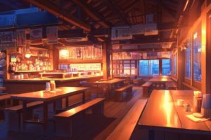 夕暮れ時の光が漏れる、雰囲気のある居酒屋の内部。木造の梁と柱が特徴的で、壁には日本酒やメニューの看板が色とりどりに飾られている。