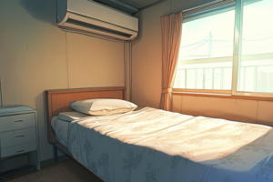 明るい日差しが窓から射し込む居心地の良い仮眠室のイラスト。部屋にはダブルベッドがあり、白いフローラル柄のベッドカバーがかけられている。エアコンが壁に取り付けられ、木製のナイトスタンドがベッドの横にある。