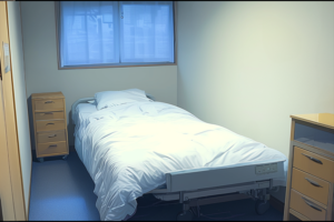青白い光が窓から差し込むシンプルな仮眠室のイラスト。シングルベッドには白いシーツがかけられており、ベッドの足元にはコントロールパネルが備わったホスピタルベッドがある。小さな木製のドロワーとナイトスタンドが部屋に配置されている。