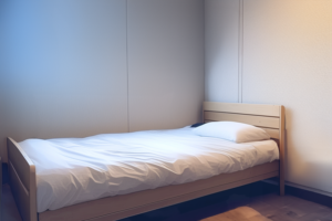 落ち着いた色合いの壁に囲まれたミニマリストな仮眠室のイラスト。シングルベッドにはきれいに整えられた白いシーツがかけられており、シンプルな木製のベッドフレームが特徴。部屋の隅には小さな木製のナイトスタンドが置かれている。