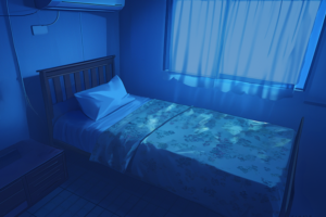 夜間の静かな仮眠室のイラスト。部屋全体に青い光が満ち、ベッドには柔らかい光が反射している。ベッドには花柄のカバーがかけられ、枕が一つ置かれている。窓には半透明のカーテンがかかっており、外の光がほのかに漏れている。