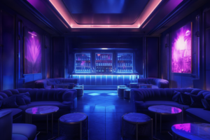 暗い部屋に紫とピンクのネオンライトが映えるナイトクラブのVIPルームのイラスト。豪華な革張りのソファが並び、丸いテーブルが配置されている。壁にはアートワークが飾られ、遠くにはボトルが並ぶバーカウンターが見える。