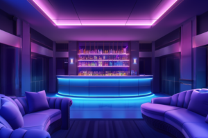 青いライトが柔らかく照明するナイトクラブのVIPルームのイラスト。室内には革製のソファが配置され、中央には光るバーカウンターがあり、その上にはカラフルなボトルが整然と並んでいる。