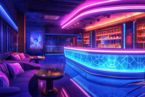 ネオンピンクの光で照らされたナイトクラブのVIPラウンジのイラスト。左側には紫のソファと金色のテーブルがあり、右側には光る青いバーカウンターが設置されている。壁には未来的なデザインのアートピースが掛けられている。