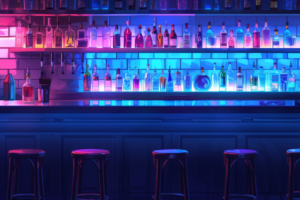 青いネオンライトで照らされたバーカウンターのイラスト。カウンターの上と棚には様々な種類のアルコールボトルが整然と並べられており、それぞれがライトによってユニークな影を落としている。前面には四つの円形のバースツールが配置されている。