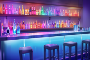 光輝くナイトクラブのバーエリアを描いたイラスト。バーカウンターには色とりどりのドリンクボトルが並び、柔らかなネオンライトがそれらを照らしている。カウンター前にはシンプルなデザインのバースツールが置かれている。