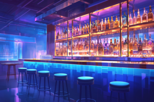 暗がりの中でネオンのオレンジと青のライトに照らされたナイトクラブのバーエリアのイラスト。多種多様なアルコールボトルがバーカウンターの棚に並べられており、前面には丸いバースツールがいくつか設置されている。落ち着いた雰囲気の中にも高級感が漂っている。