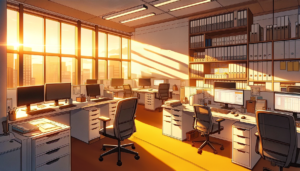 日没時のオフィス内部。オレンジ色の夕日が大きな窓から差し込み、デスクには点灯したモニターが複数あり、光と影が床に映る。