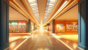 暖かい光が満ちる本屋のあるショッピングモールの通路のイラスト。オレンジ色の照明が特徴で、静かな雰囲気の中にも温かみが感じられます。