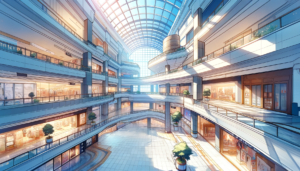 ガラス張りの屋根が光を取り入れるショッピングモールの多層構造のイラスト。開放的な空間には店舗が並び、中央には吹き抜けがあります。