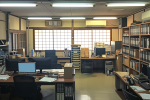 木製の引き戸と窓が特徴的な伝統的な日本のオフィス。机の上にはパソコンと文書が多く、書棚にはファイルが整然と収められている。