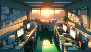 夕日が差し込むオフィスルーム。掲示板には多くの書類がピンで留められており、デスクにはコンピューターが整然と配置されている。