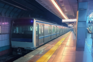 ホームに停車している地下鉄電車のイラスト。電車の先頭車両は青と緑色で、プラットフォームは空いており、黄色の点字ブロックが目立っている。駅の照明は温かみのあるオレンジ色で、雰囲気は静かで落ち着いている。