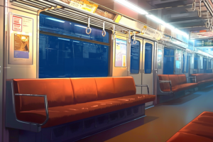 オレンジ色の座席が並ぶ地下鉄車両内部のイラスト。車内は暖色系の照明で明るく照らされており、窓からは外の青い光が差し込んでいる。手すりやつり革が一定の間隔で設置されている。壁面には広告ポスターや路線図が掲示されており、空いた空間には静けさが漂っている。