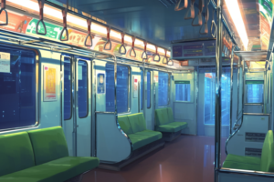 地下鉄車両内部のイラストで、緑色の座席が配置されている。車内は緑と黄色の照明で温かな雰囲気が演出されており、つり革が天井からぶら下がっている。扉の上には電子表示板があり、車両のドアは閉まっている。壁には路線図や注意書きが掲示されている。