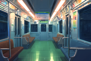 地下鉄車両内部のイラストで、茶色の座席が配置されている。車内は青緑色の床と相まって、清涼感を与える照明が印象的。つり革や手すりが整然と並び、壁面には駅の情報や広告が掲示されている。