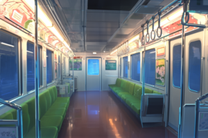 緑色の座席が並んだ地下鉄車両の内部を描いたイラスト。床は光沢があり、鏡のように車内の照明を反射している。車内は柔らかな照明で満たされ、窓からの外光と調和している。天井にはつり革が均等に配置され、扉の上にはデジタル表示板が見える。壁面には多様な広告ポスターが貼られている。