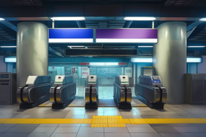 地下鉄の改札口が並んでいるイラスト。手前にはエスカレーターと券売機があり、背景には青と紫の看板が掲げられている。床には黄色の点字ブロックが敷かれ、照明は明るく照らしている。