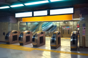 地下鉄の入口にある自動改札機のイラスト。中央には黄色と白のストライプの点字ブロックがあり、背景にはエスカレーターと非常口が見える。上部にはオレンジ色の長い看板があり、全体に暖色系の照明が施されている。