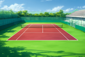 晴れた日の屋外テニスコート。緑のフィールドに赤いコートが鮮やかに映え、周囲を緑豊かな樹木とフェンスで囲まれています。