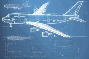 青い背景に白い線で描かれた飛行機の詳細な設計図のイラスト。機体の側面、上面、前面の図が示されている。